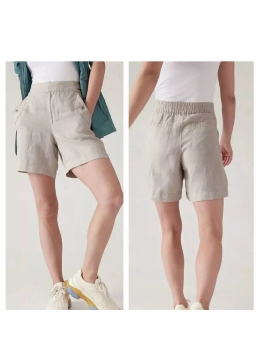 Athleta Voyager HIgh Rise Linen light gray lagenlook slouchy resortwear shorts